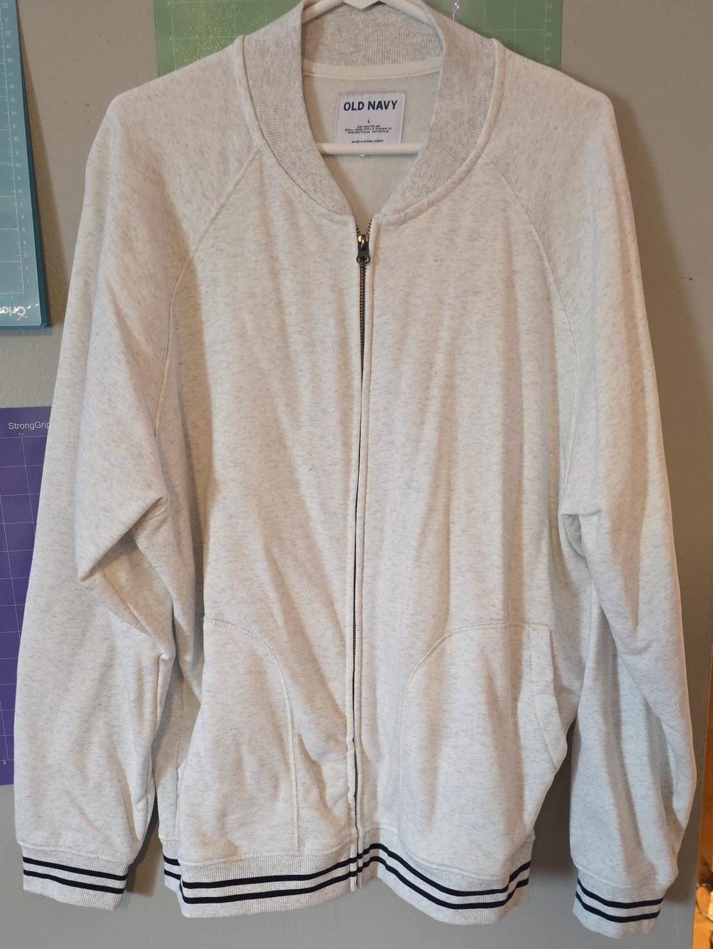 Old Navy Heather Cream Zip-Up Bomber Jacket with Striped Trim